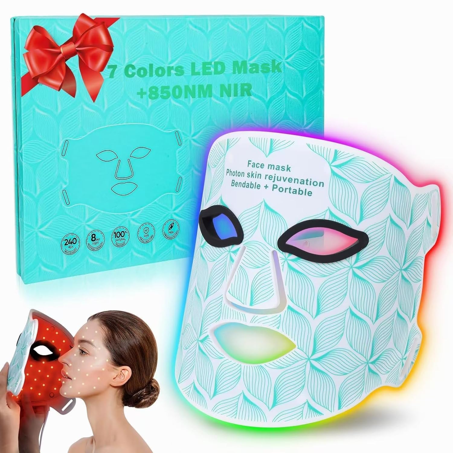Red Light Therapy for Face, 8 Colors LED Face Mask Light Therapy with 850NM Near-infrared, 3000 mAh Rechargeable Red Light Therapy Mask Skin Care Device at Home and Travel for Anti-Aging
