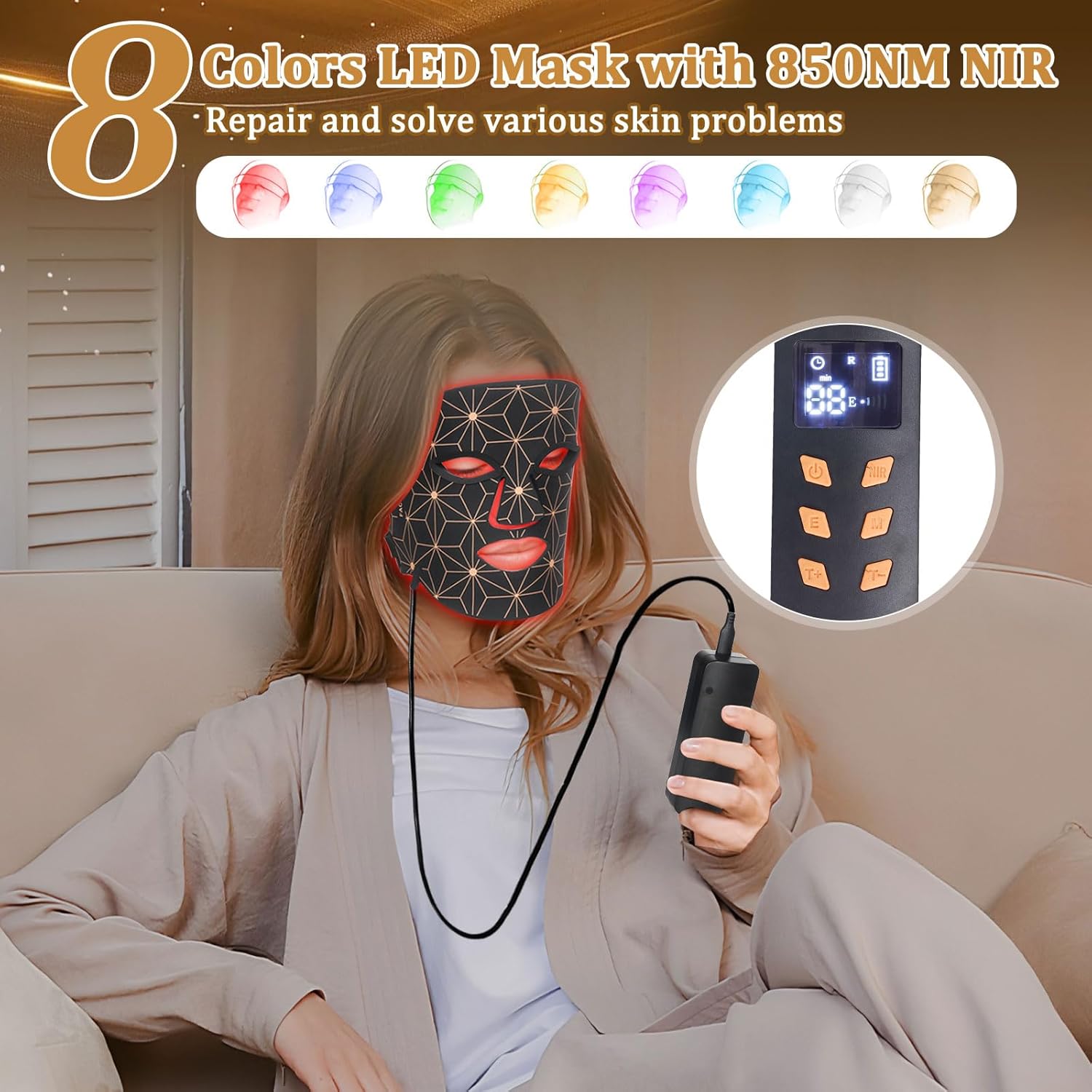 Red Light Therapy for Face, 8 Color LED Face Mask Light Therapy with 850nm Infrared, 3000mAh Rechargeable Portable Red Light Therapy Mask, Facial Skin Care Device for Rejuvenation, Home & Travel