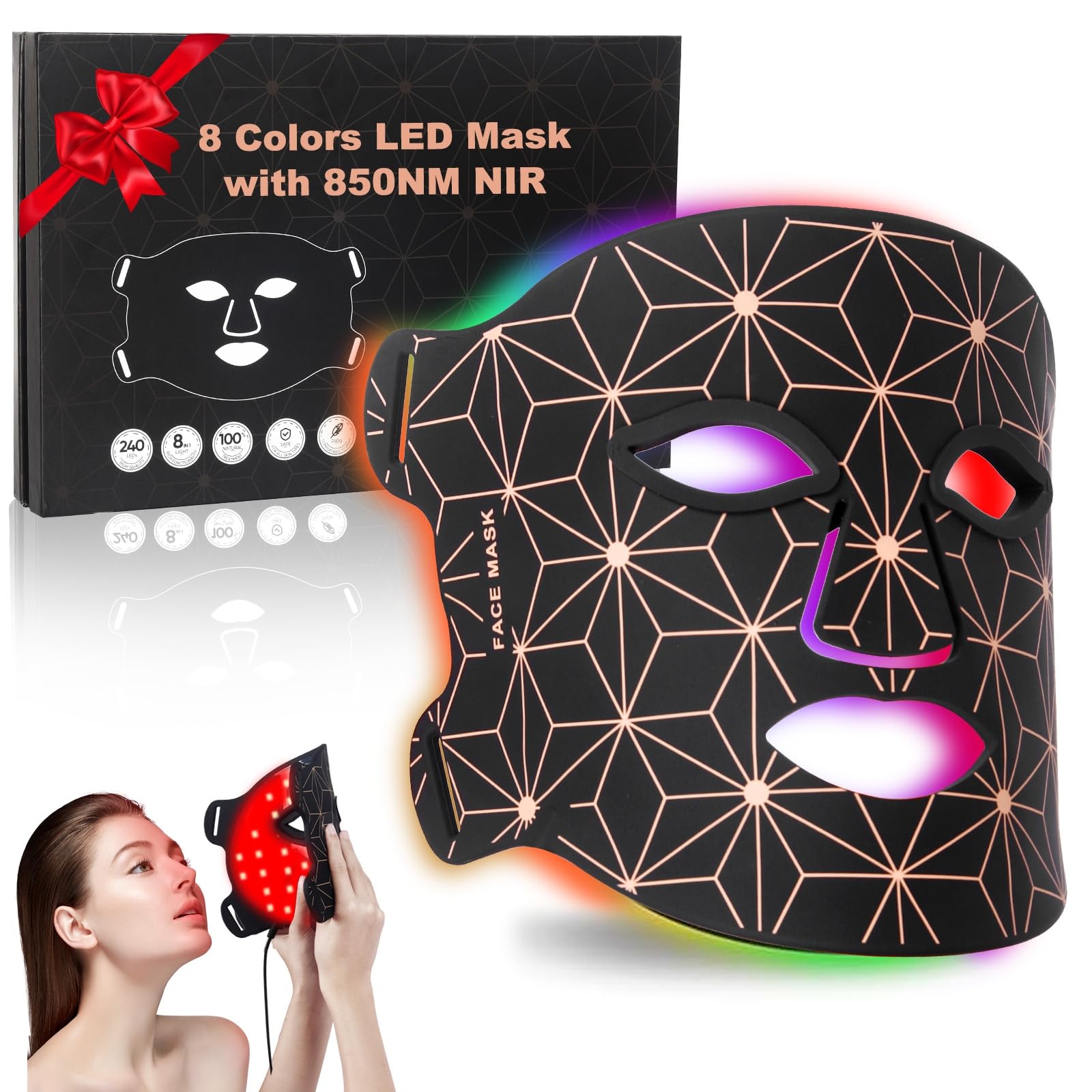 Red Light Therapy for Face and Neck, 8 Colors LED Face Mask Light Therapy with 850NM Near Infrared, 3000 mAh Rechargeable 6-In-1 Red Light Therapy Mask Set Skin Care Device for Skin Rejuvenation