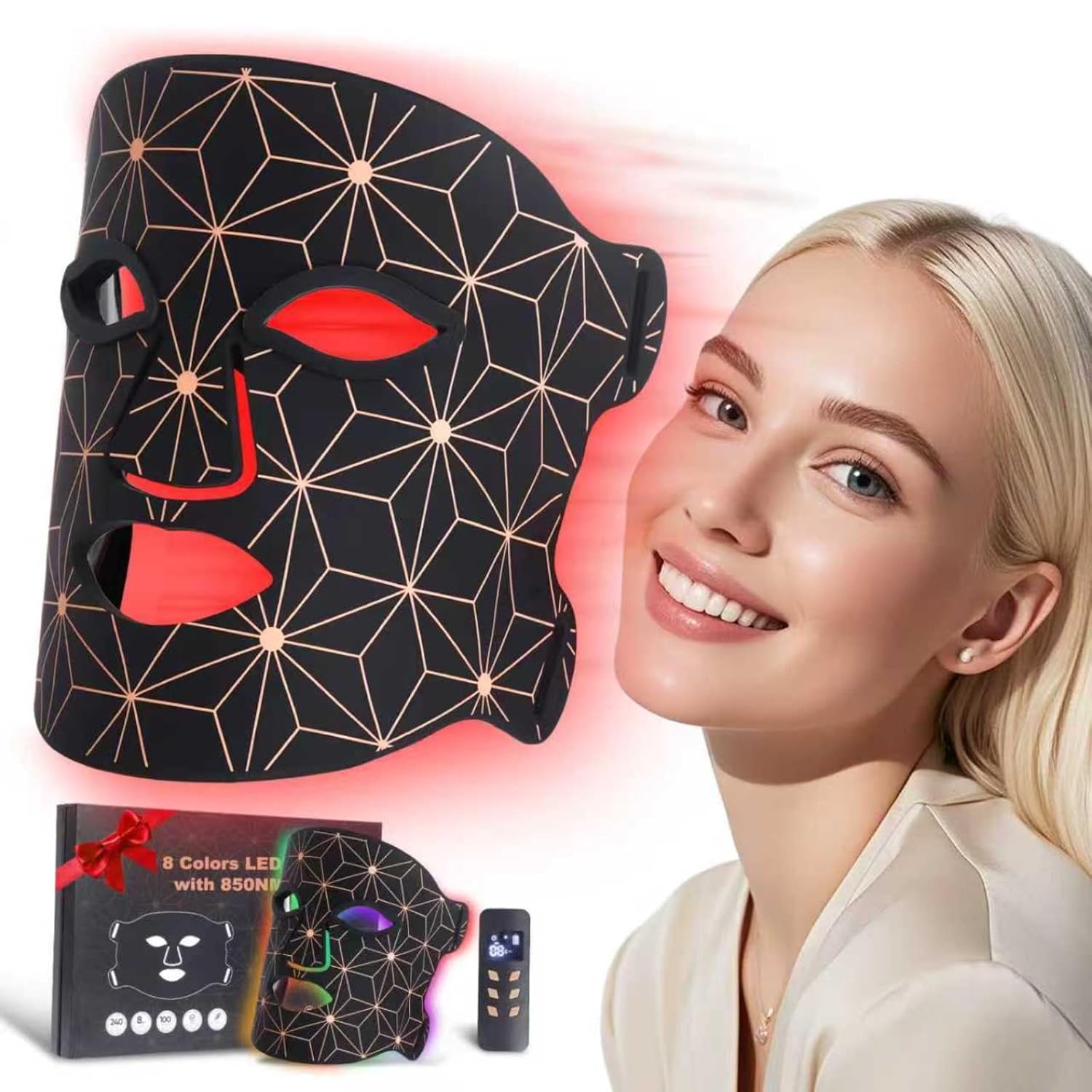 Red Light Therapy for Face, 8 Color LED Face Mask Light Therapy with 850nm Infrared, 3000mAh Rechargeable Portable Red Light Therapy Mask, Facial Skin Care Device for Rejuvenation, Home & Travel