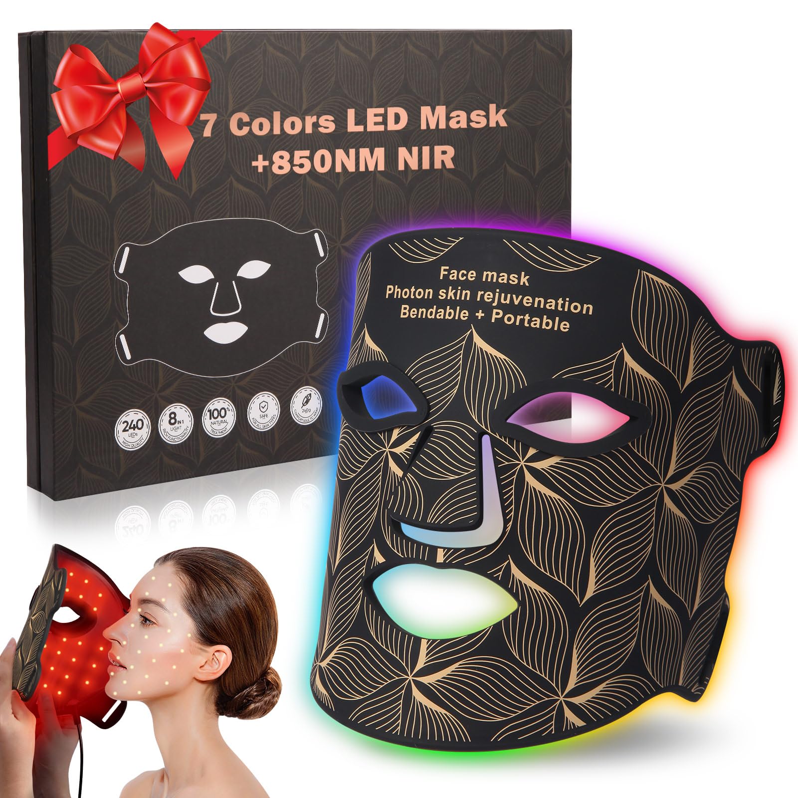 Red Light Therapy for Face, 8 Colors LED Face Mask Light Therapy with 850NM Near-infrared, 3000 mAh Rechargeable Red Light Therapy Mask Skin Care Device at Home and Travel for Anti-Aging